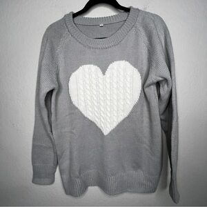 Gray Over Sized Sweater with  Cable Knit White Heart Design Medium Acrylic Soft